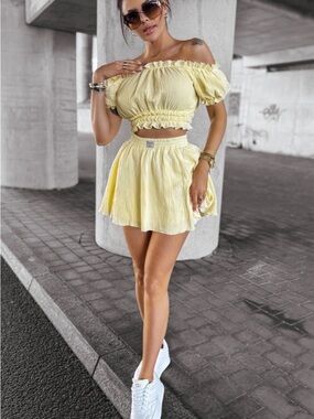 Olavoga Yellow Off-Shoulder Mini Skirt Set - Women